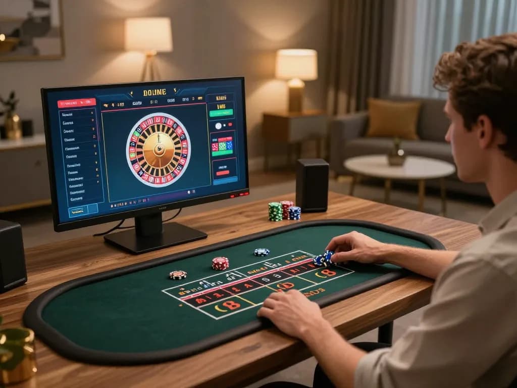 Player engaging in online gaming at home with 789win 37 live dealer roulette interface on screen