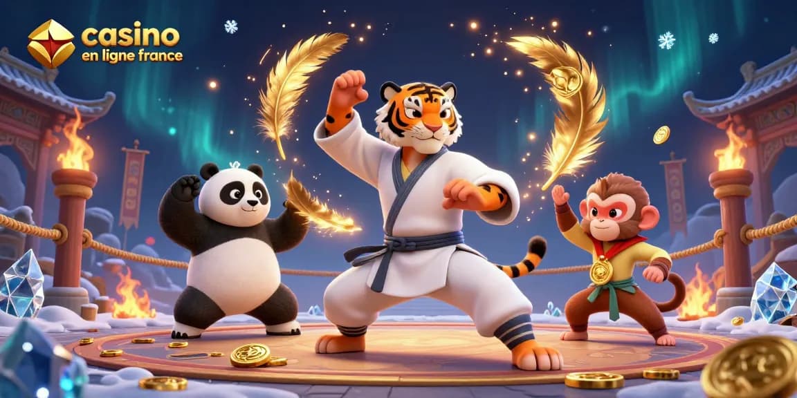 Illustration dynamique d'un tigre maître de kung-fu, panda disciple, et singe espiègle, représentant le casino en ligne France.