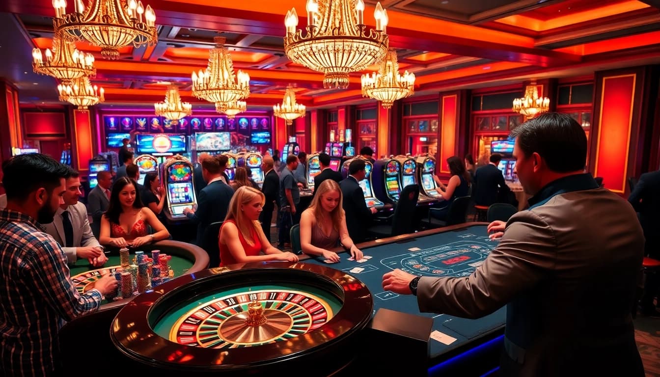 Experience thrilling games at a top club casino, featuring excited players at roulette and blackjack tables.