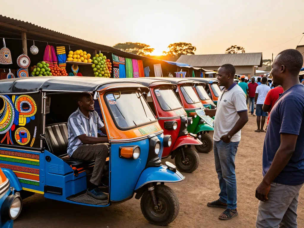 Tuk tuk drivers Kenya interacting with tourists in a vibrant marketplace.