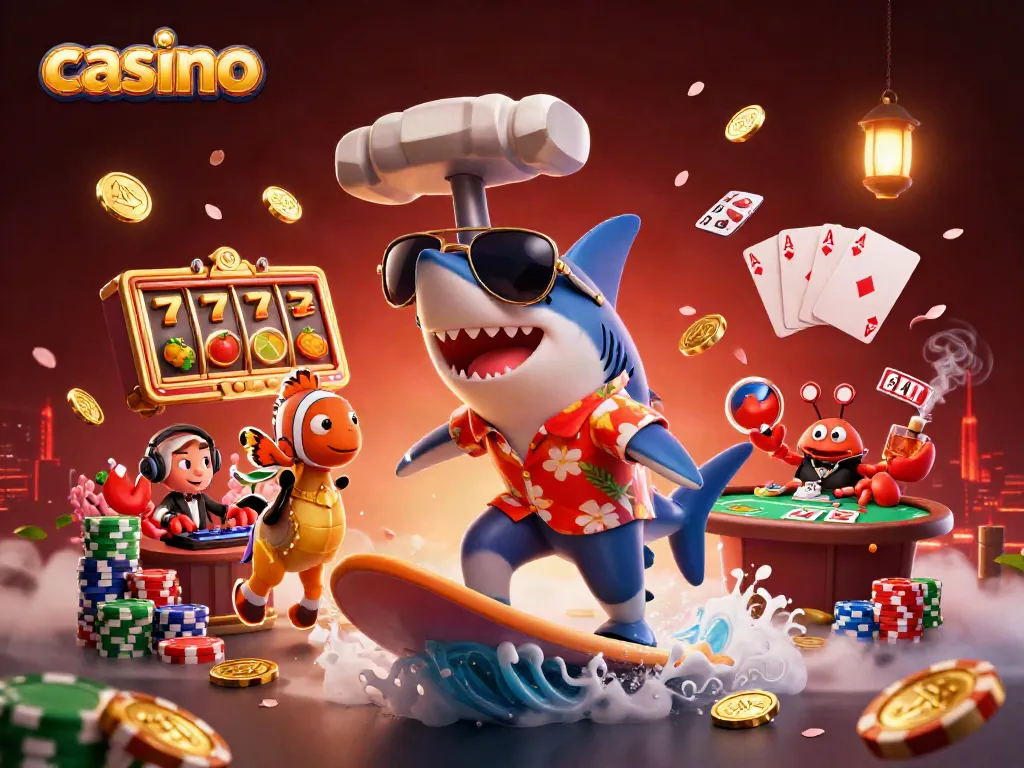 Experience thrilling casino excitement with a hammer-head shark surfing gold coins in this vibrant promotional illustration.