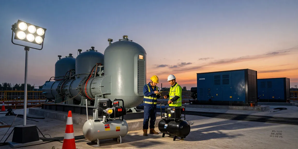 Power Generation in action at a construction site with technicians inspecting hybrid lighting and portable air compressor.
