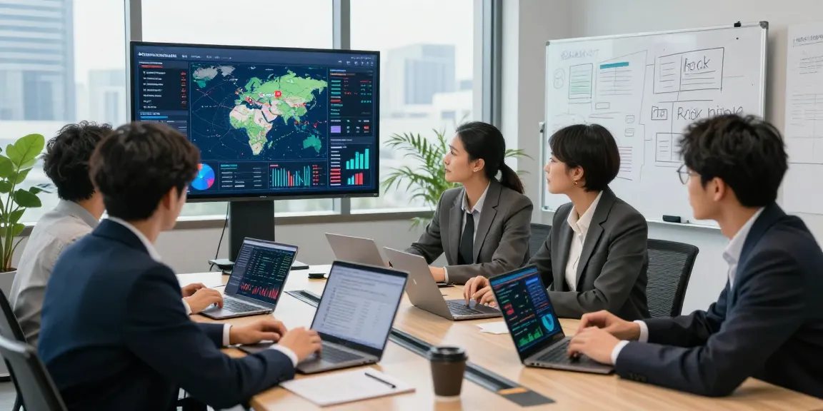Team analyzing financial crime intelligence data in a modern conference room setting, showcasing digital analytics and collaborative strategy.