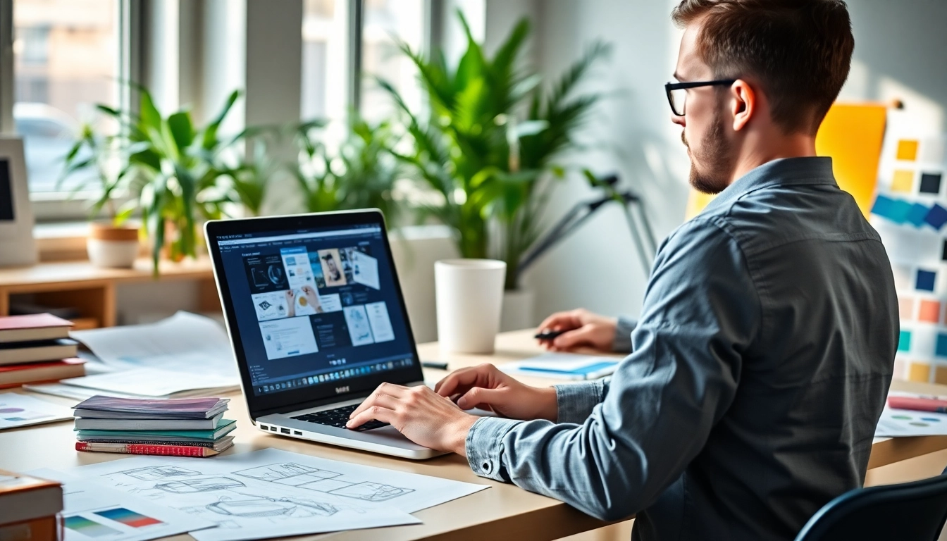 Webdesign: Kreativer Webdesigner in modernem Büro mit Designskizzen.
