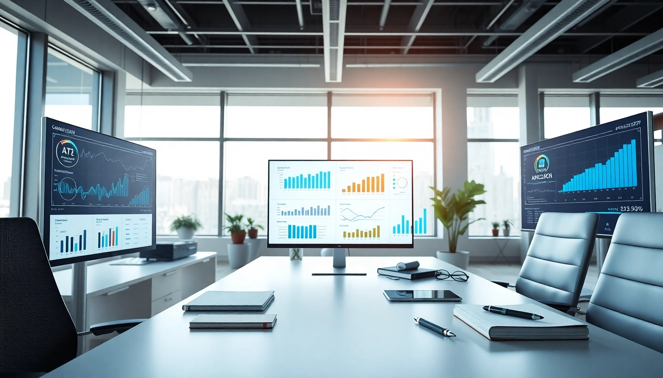 Utilizing AI for competitive intelligence tools in a modern office setup to enhance data-driven insights.