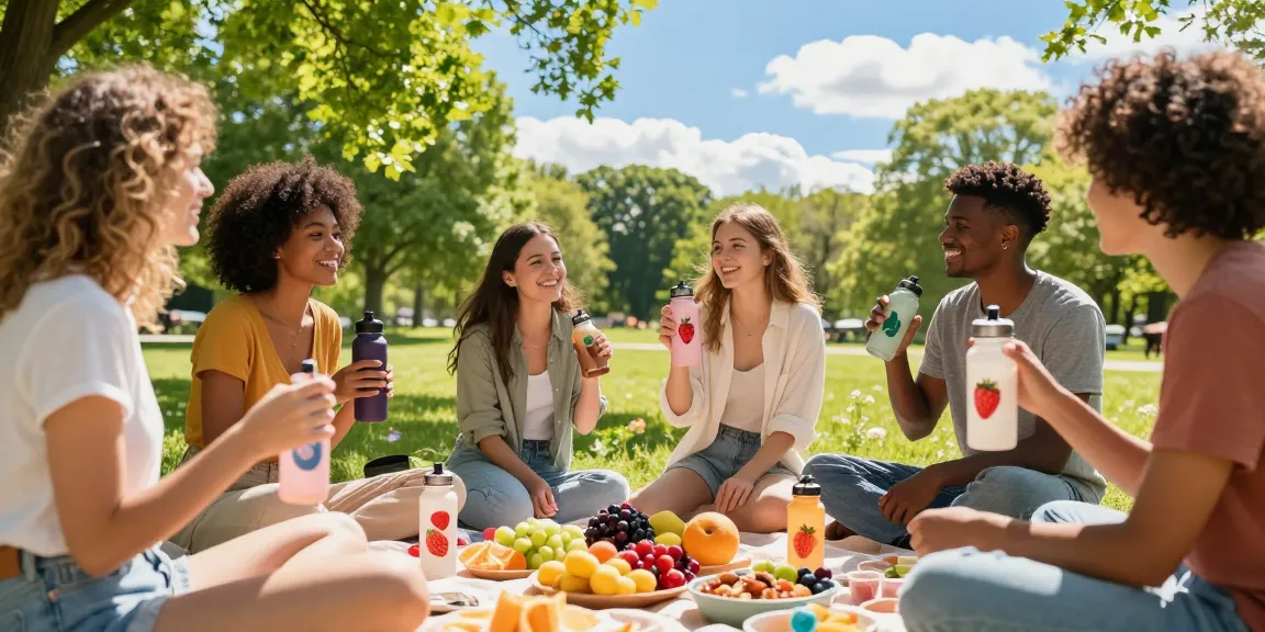 Friends enjoying flavored water from stylish water bottles with scent pods at a sunny picnic.