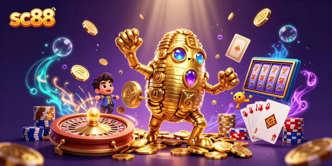 sc88 casino experience showcasing a golden golem with slot symbols, poker elements, and vibrant coins
