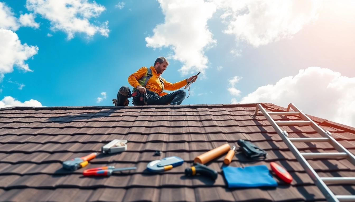 Skilled contractor performing roof repair on a residential building with tools and safety equipment.