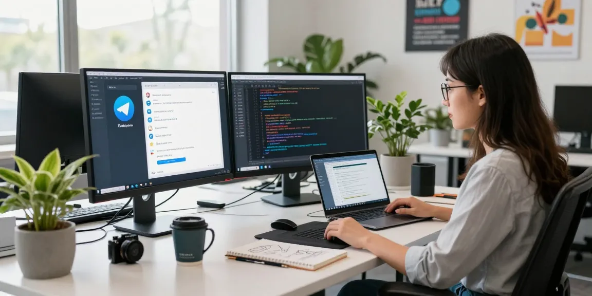 Explore the features of 纸飞机下载 in a vibrant tech workspace, showcasing instant messaging interfaces and coding environments.