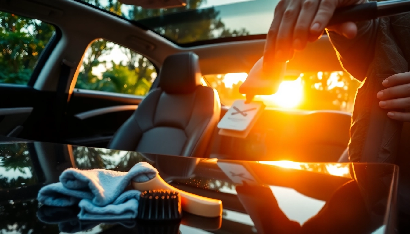 Engaging shot of interior and exterior car detailing by a professional, showcasing a beautiful vehicle.
