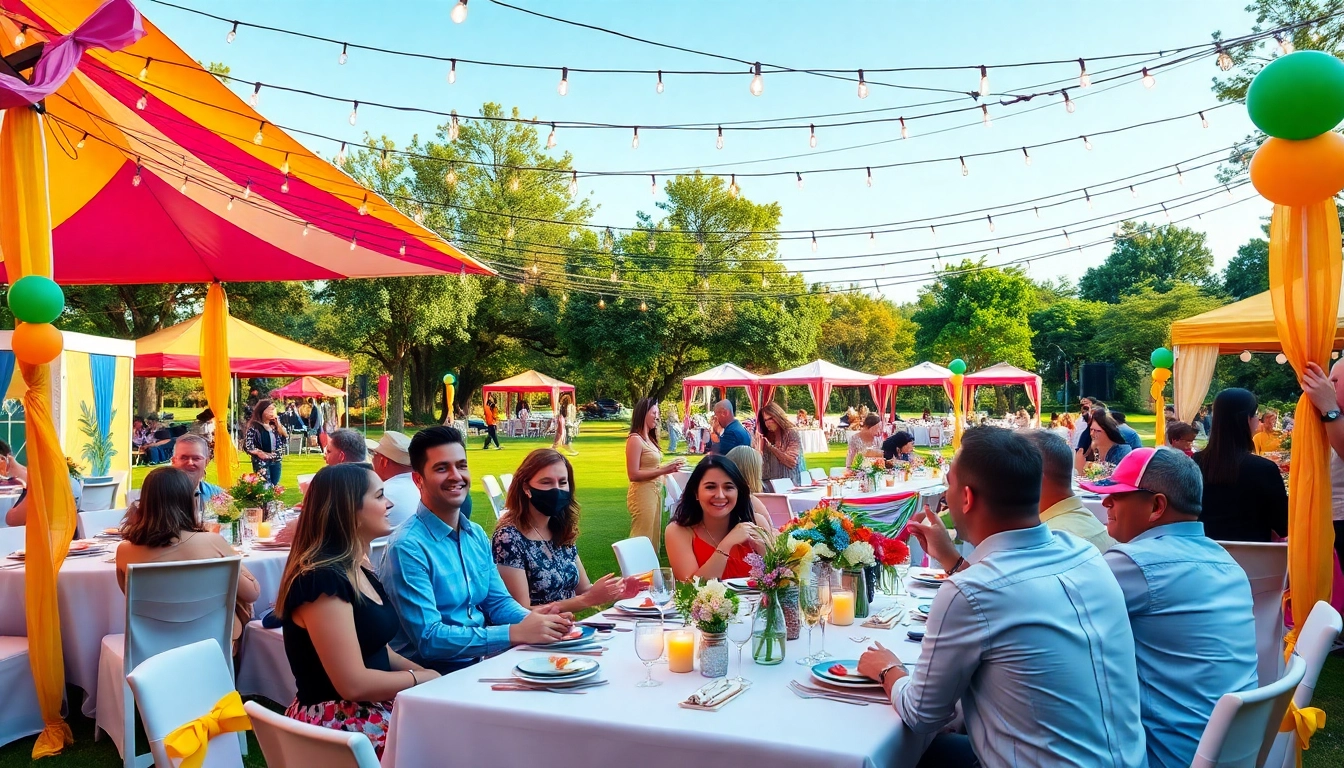 Enjoy a vibrant outdoor Party Rentals setup with tents and lively guests in a festive mood.