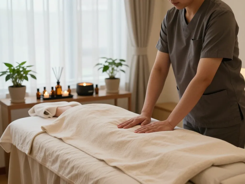 부드러운 조명과 편안한 장식으로 강조된 논현동마사지 치료실의 편안한 분위기.