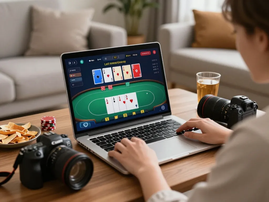 Engaging with rr88 online poker game on a laptop in a cozy living room atmosphere.