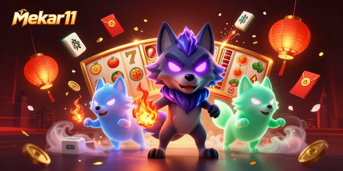 Mekar11 showcases a rich 3D casino scene with a shadow wolf leader and colorful slot elements.