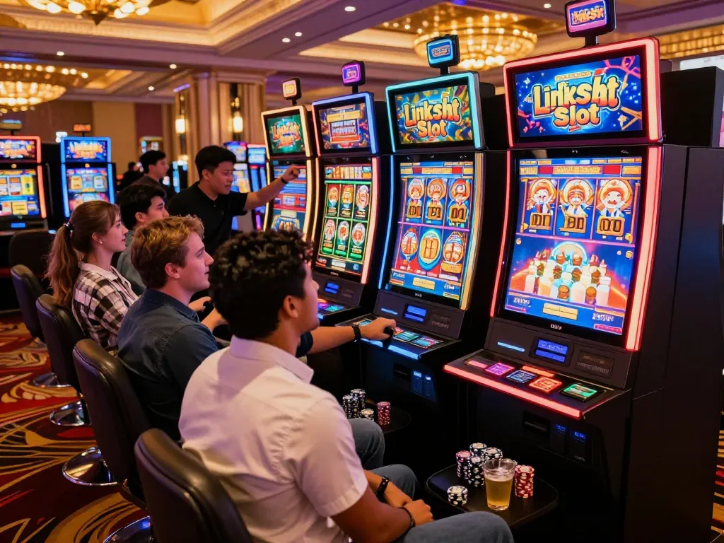 A lively casino scene showcasing friends enjoying the excitement of a link slot machine with vibrant lights and sounds.