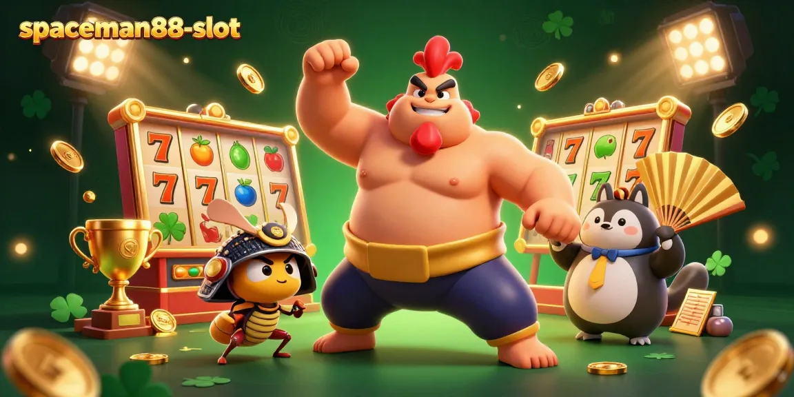 Spin the reels with spaceman88-slot in an action-packed casino scene featuring a sumo rooster, samurai cricket, and tanuki announcer.