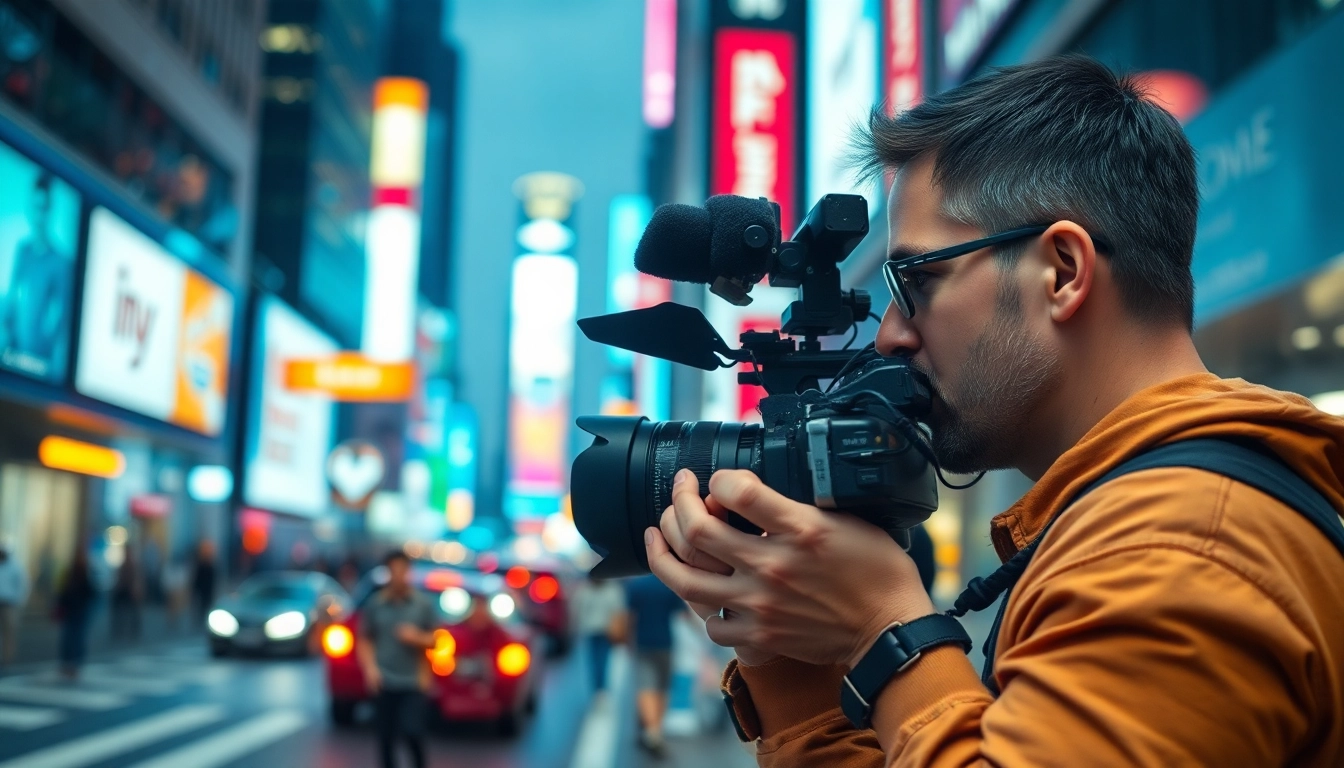 Engaged film maker capturing vibrant city scenes with a professional camera.