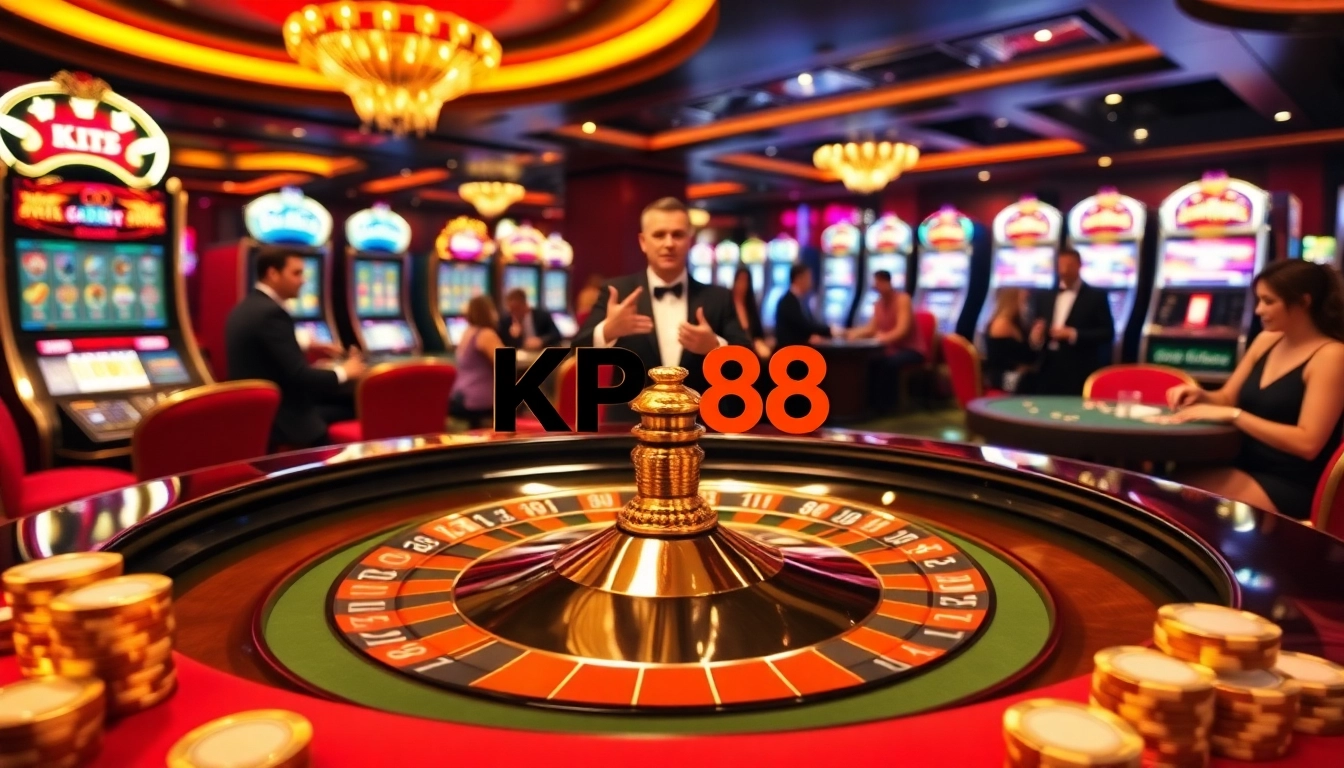 Experience the thrill of KP 88 with vibrant casino tables and excited gamblers.
