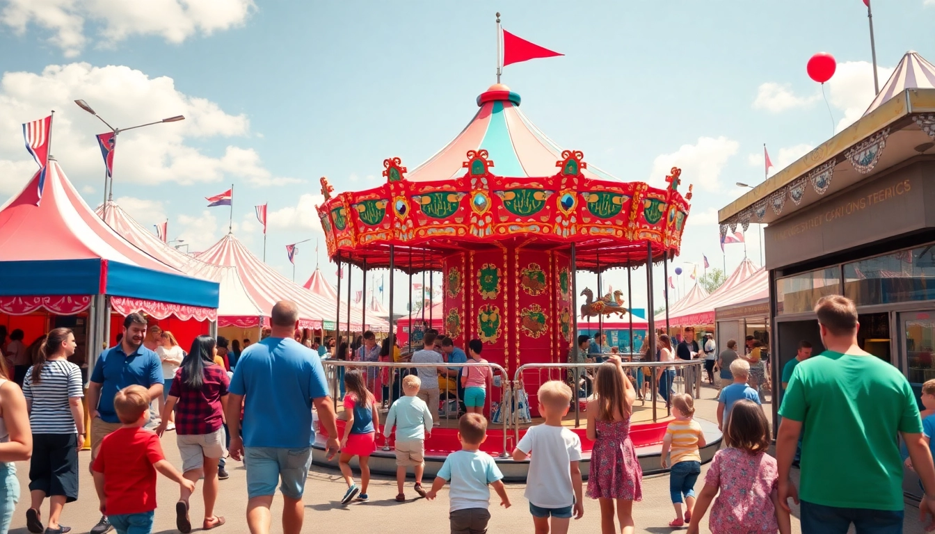 Families enjoying funfair rides for hire Newcastle at an outdoor fairground, showcasing vibrant attractions.