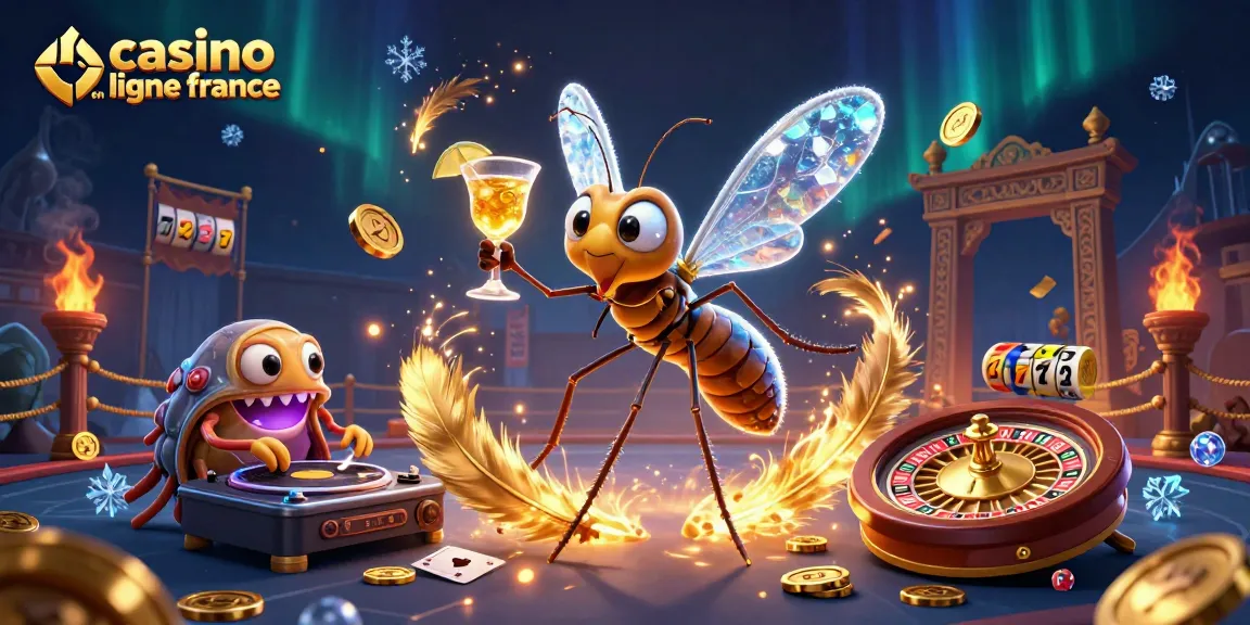 Illustration dynamique de casino en ligne France avec des personnages de jeux et des éléments de casino en action.