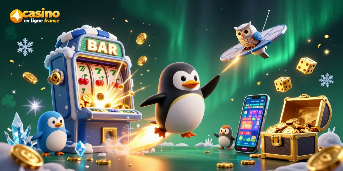 Illustration dynamique représentant un pingouin doré et un casino spatial, casino en ligne france