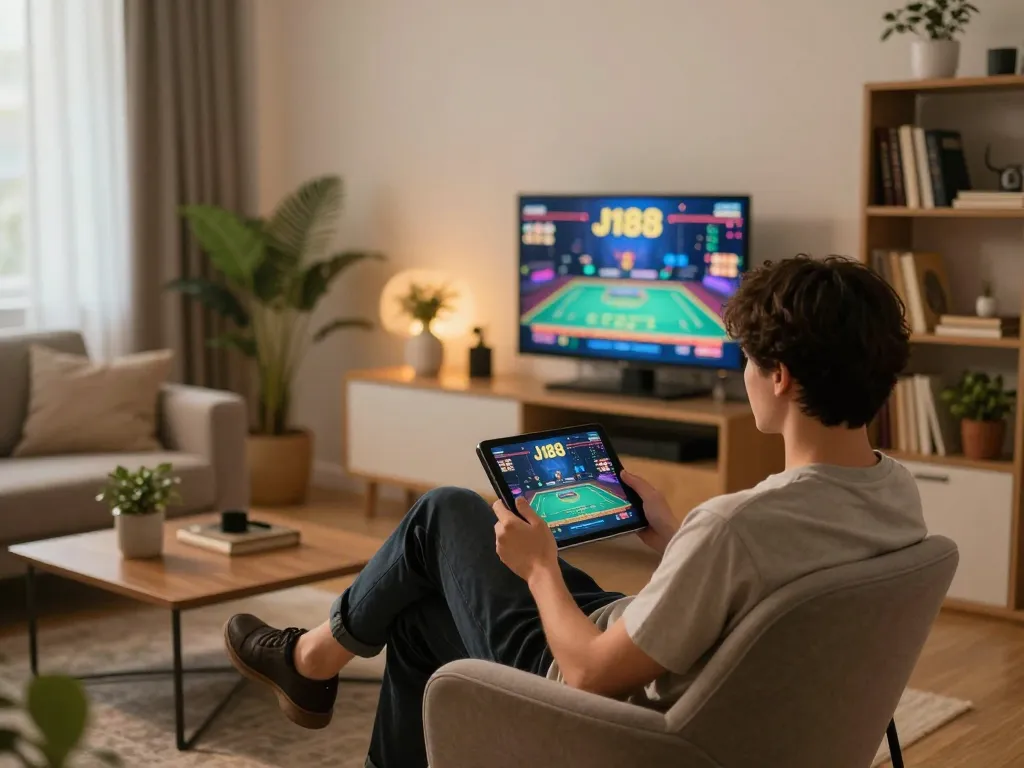Player enjoying engaging J188 casino games on a tablet in a cozy home setting