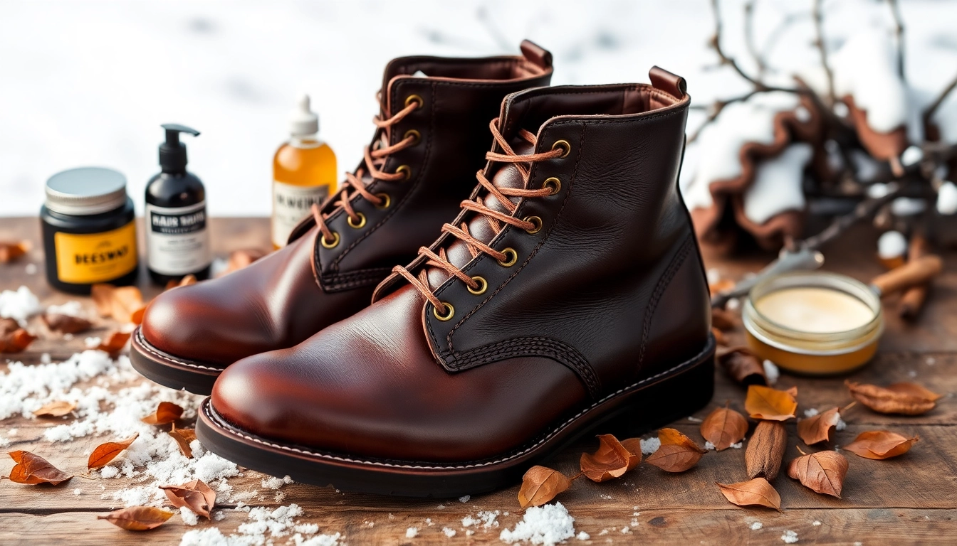 Learn how to waterproof leather boots for winter with effective products displayed alongside the boots.