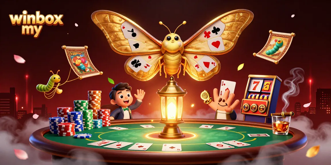 Experience the excitement of winbox my with this vibrant illustration showcasing casino games, poker elements, and golden moth.
