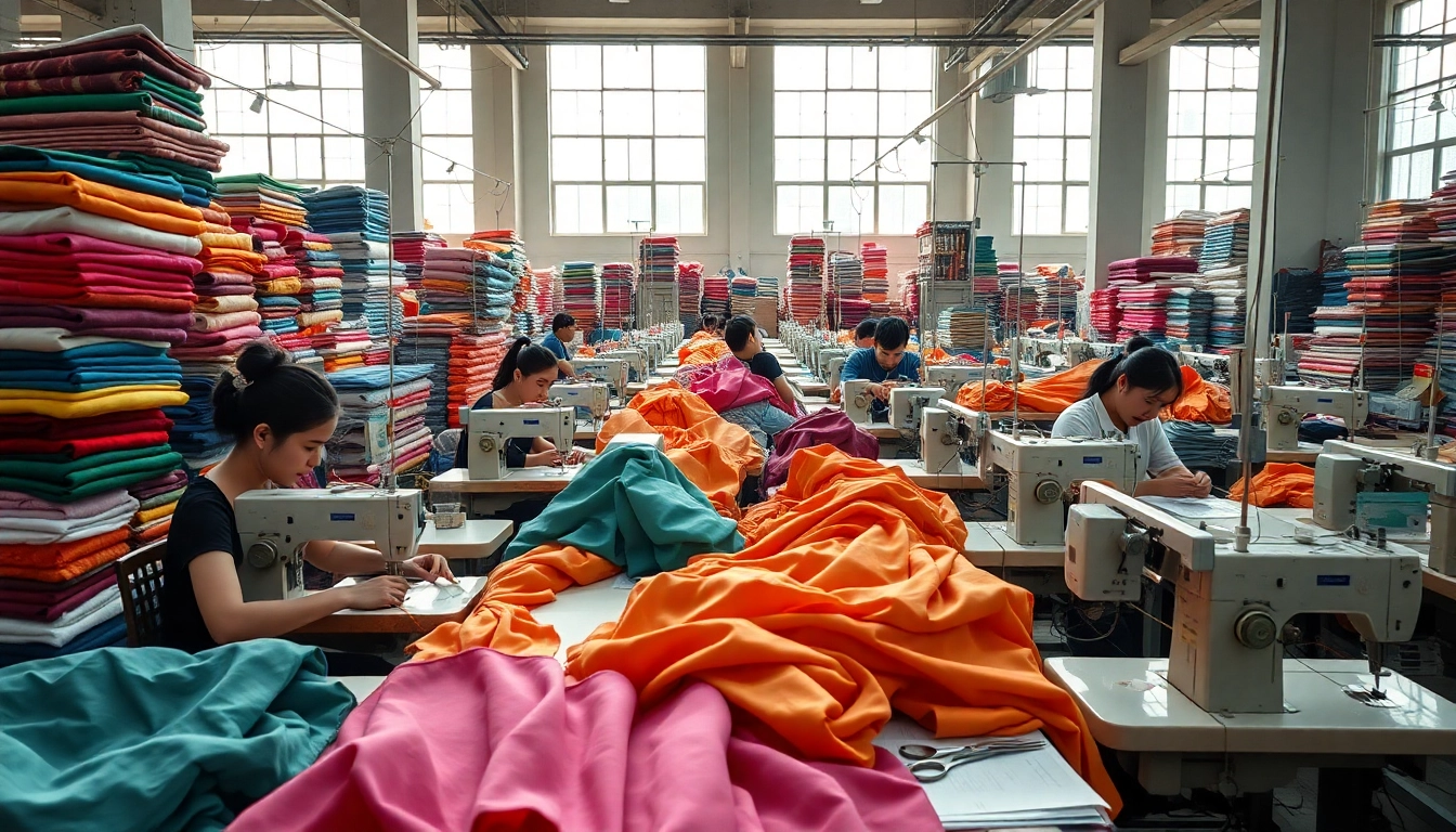 Manufacturing Clothing in China: A vibrant textile factory showcasing skilled workers and colorful fabrics.
