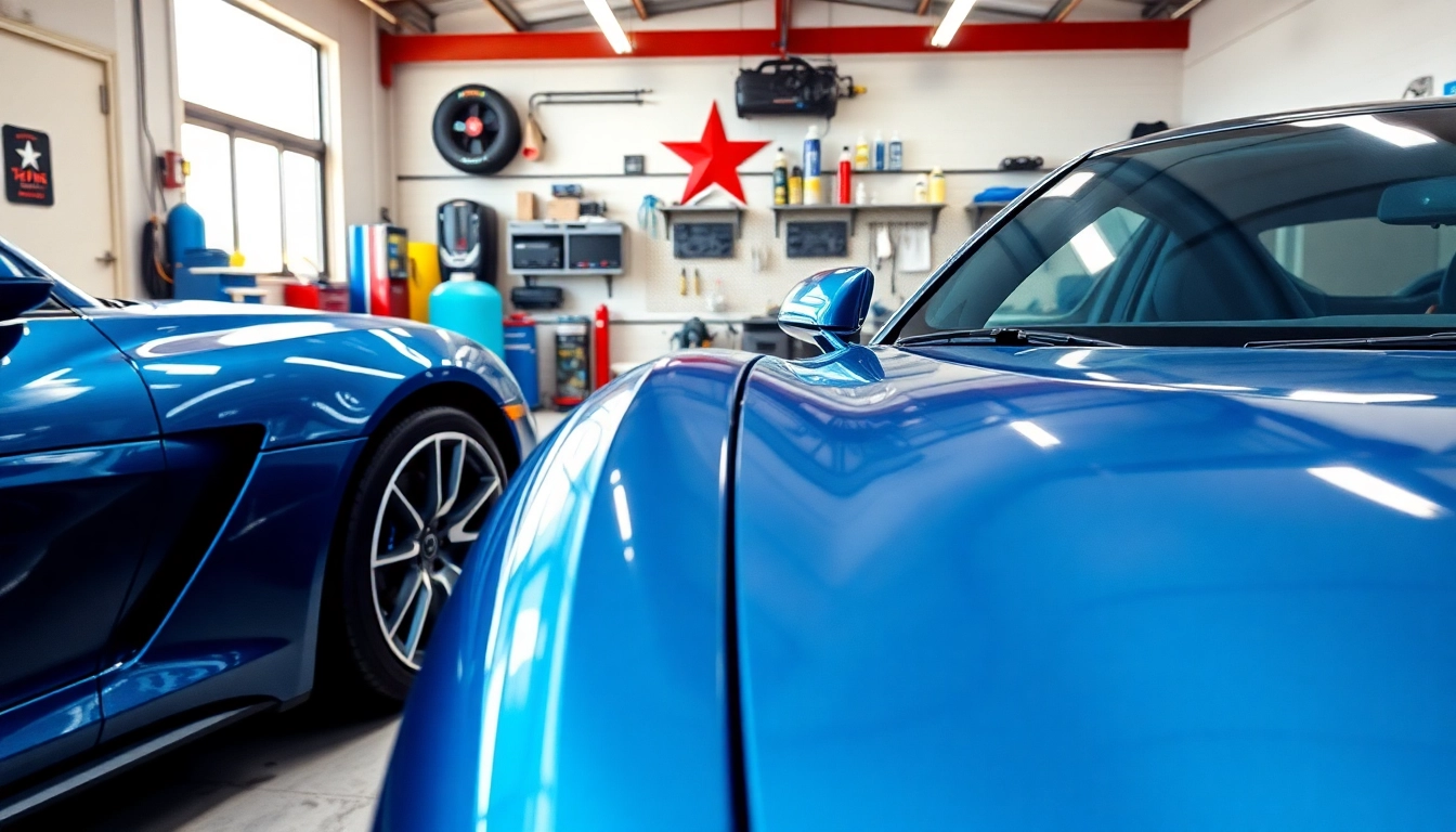 Protective car detailing in Texas garage showcasing luxury vehicles and tools for high-quality service.