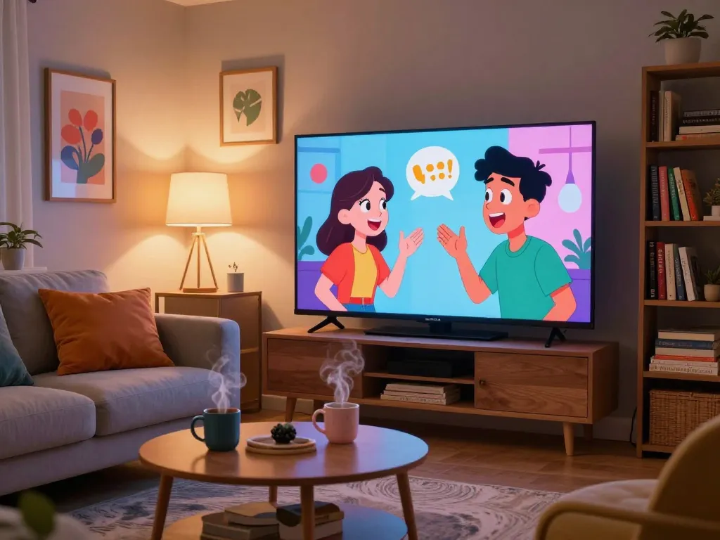 Two animated characters enjoying a spicy chat in a cozy living room.