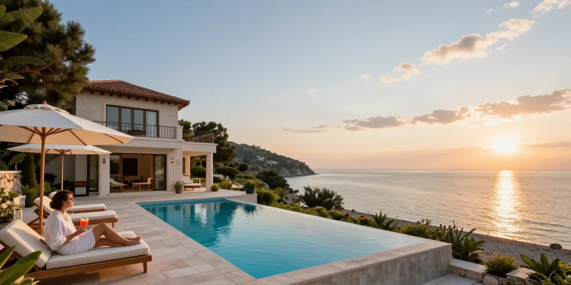 Luxury villa Albania with private pool overlooking the Adriatic Sea at sunset.