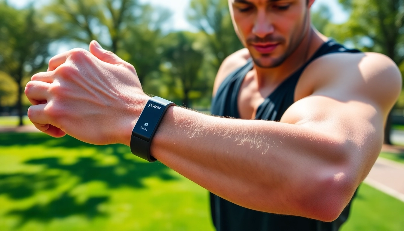 Usando la power balance pulsera mientras entrena al aire libre para mejorar el rendimiento.