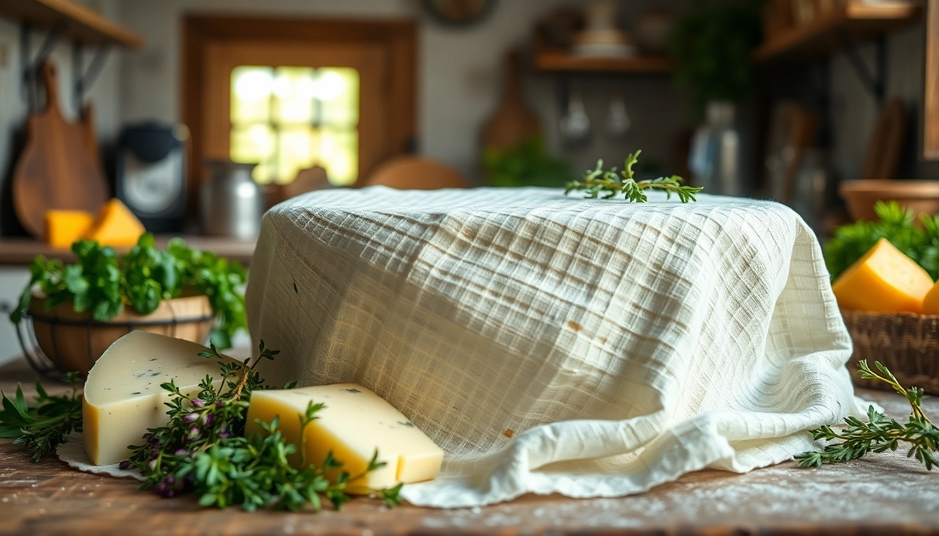 Kaasdoek in een rustieke keuken met verse kruiden en kaas, perfect voor culinaire creaties.