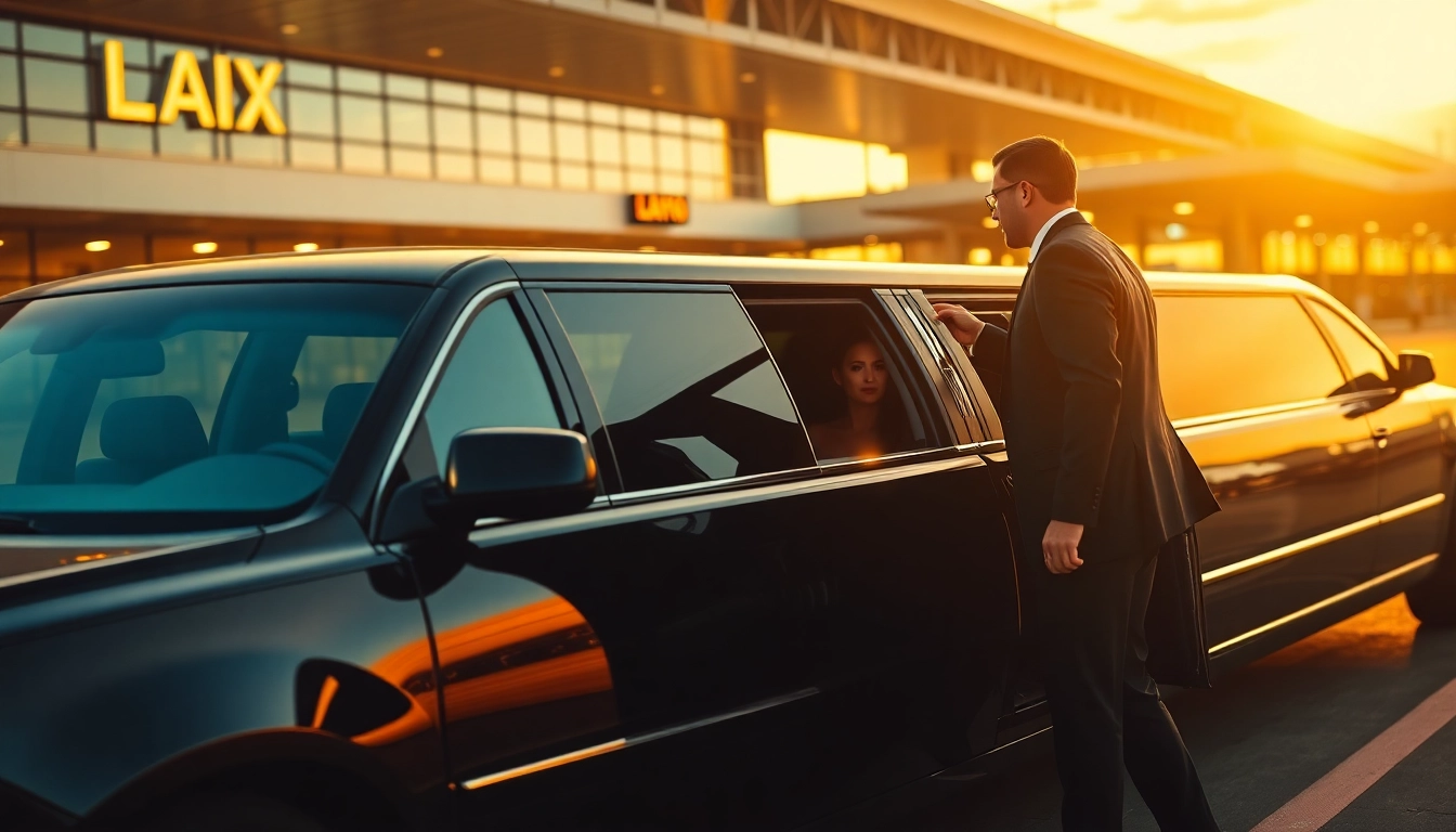 Los Angeles Limo service with a chauffeur assisting a passenger at LAX terminal.