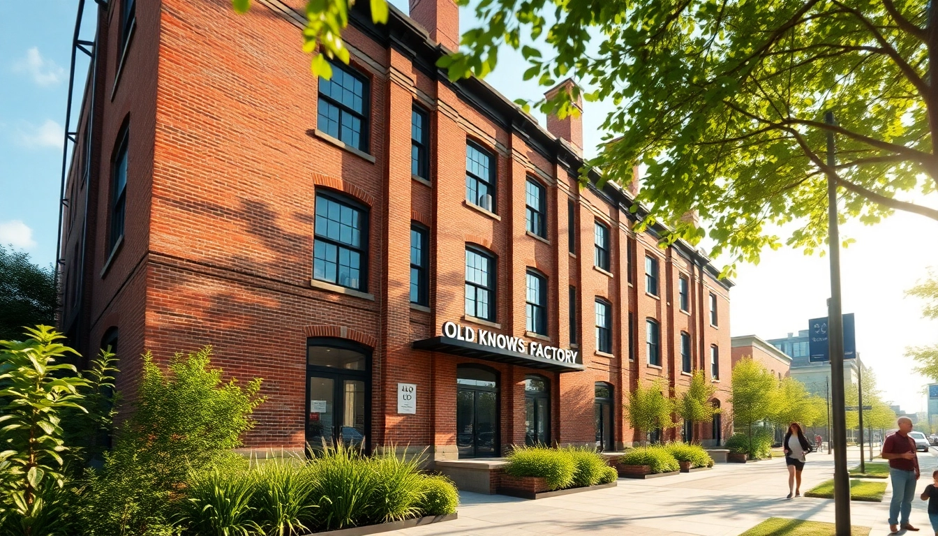 View of Old Knows Factory highlighting its historic architecture against a backdrop of greenery.