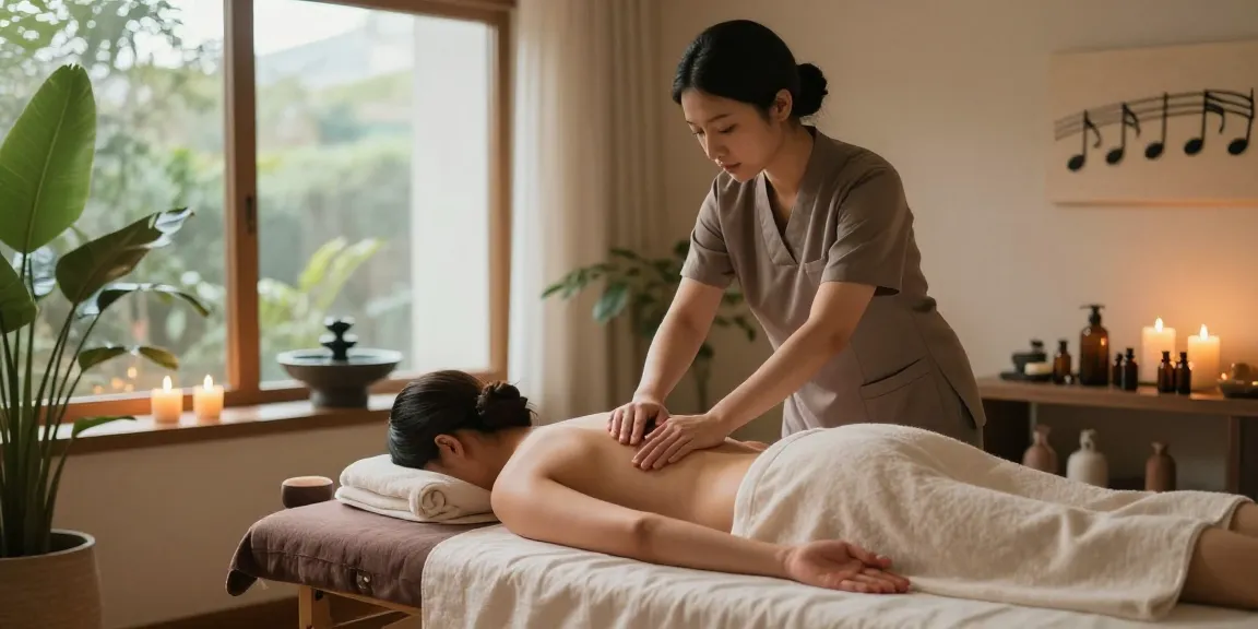 두정동마사지 전문가가 조용한 스파에서 고객을 마사지하는 모습