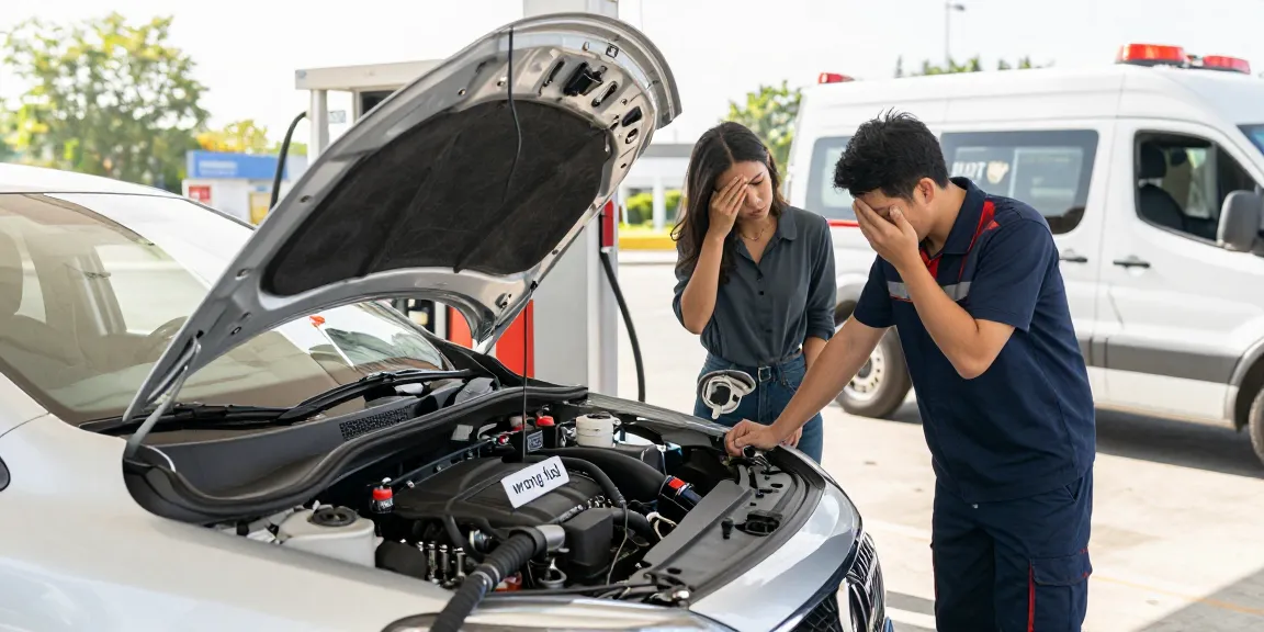 Technician addressing wrong fuel in car with tools at a fuel station.
