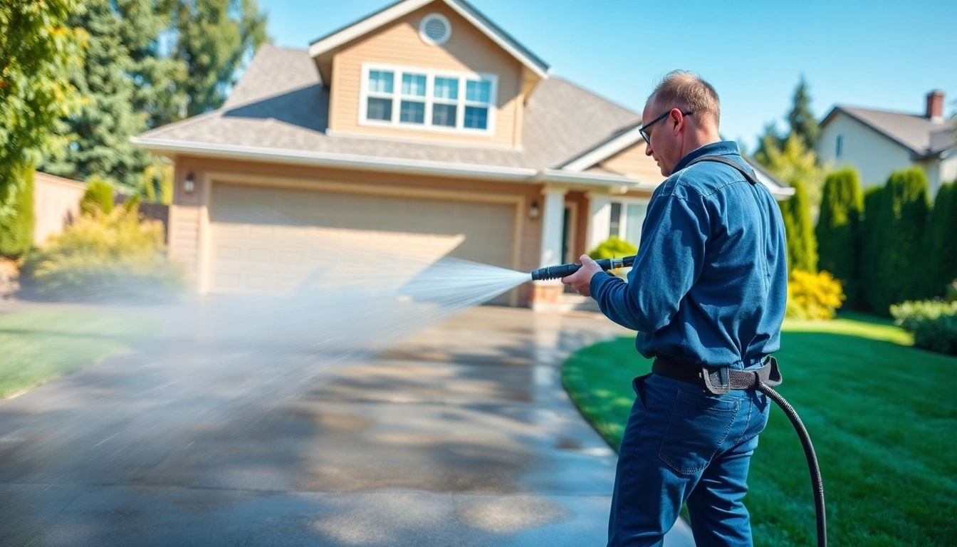 Performing pressure washing Seattle near me services on a driveway, highlighting the cleaning process.