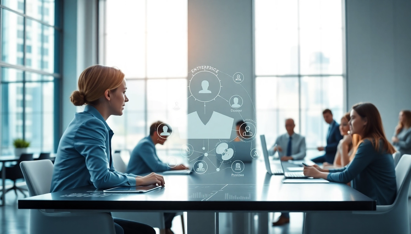 Engaging enterprise ai assistant on a digital platform facilitating teamwork in a modern office.