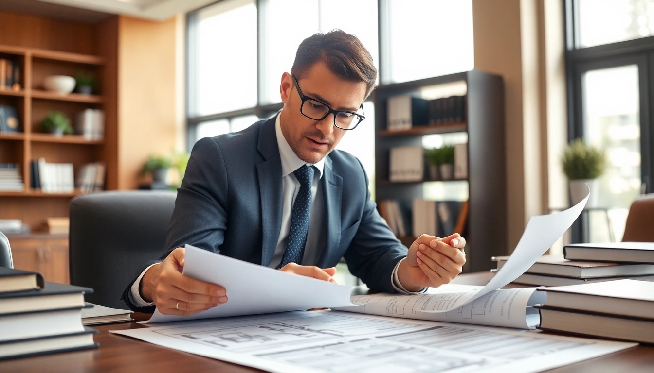 Boca Raton Construction Litigation Lawyer collaborating with a client over construction documents in a modern office.