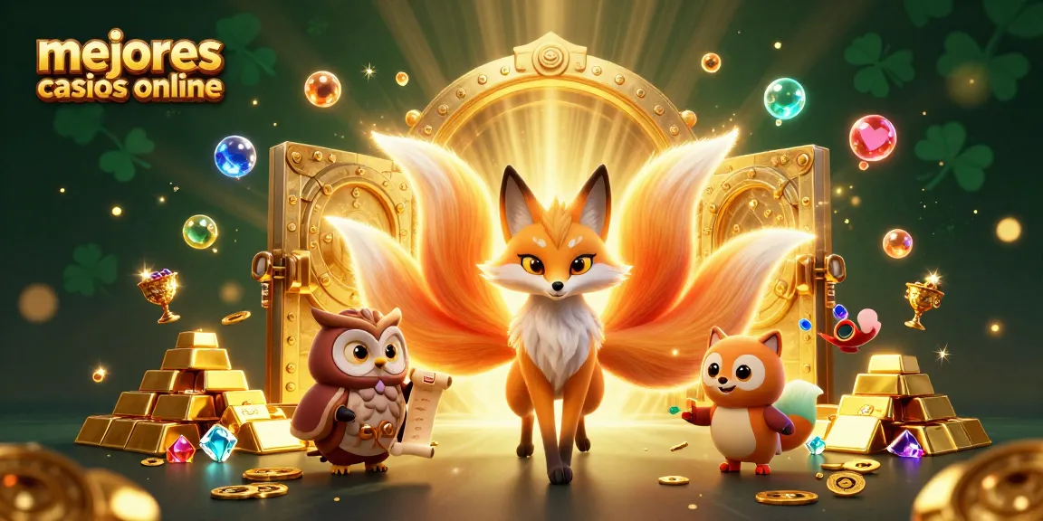 Ilustra el mundo de los mejores casinos online, con un zorro de nueve colas y un búho sabio iluminando el camino hacia la fortuna.