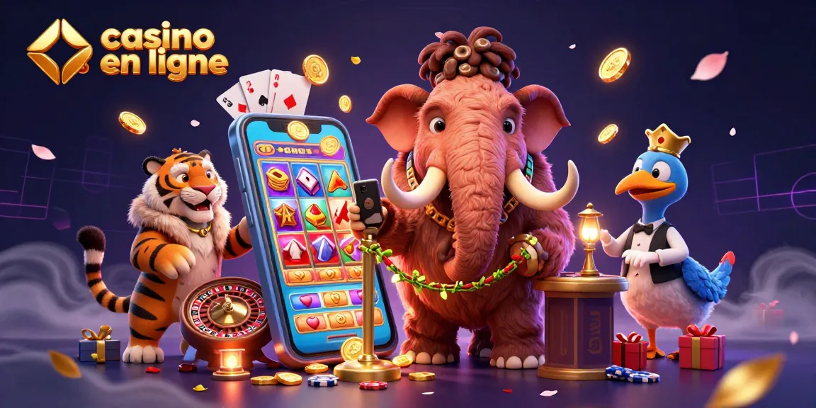 Jouez au casino en ligne avec un mammouth et un tigre VIP dans une illustration dynamique.