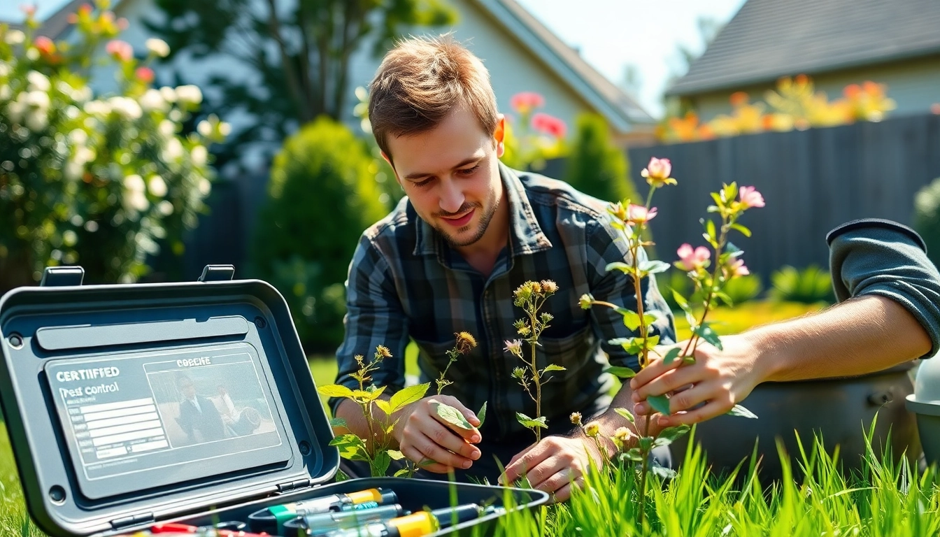 Certified pest control technician inspecting plants in a sunny backyard, demonstrating expert techniques.