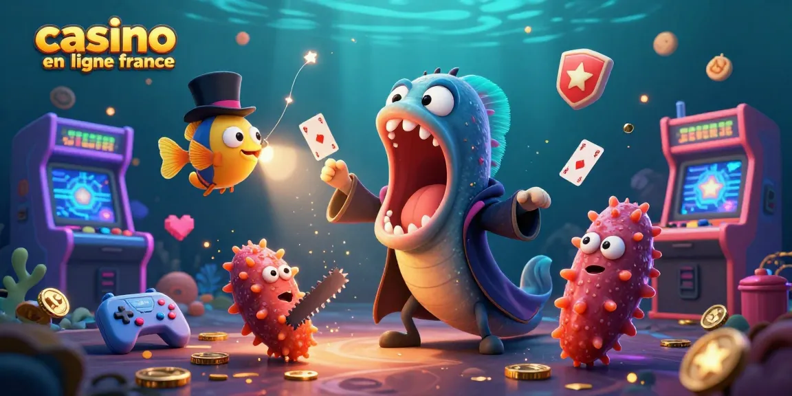 Illustration captivante d'un casino en ligne France avec un poisson des profondeurs et des jeux colorés.