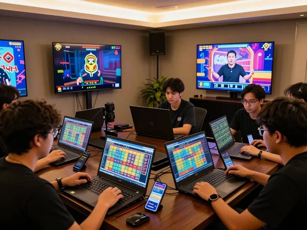 Exciting Togel Online gaming atmosphere with players engaged around digital devices in vibrant lighting.