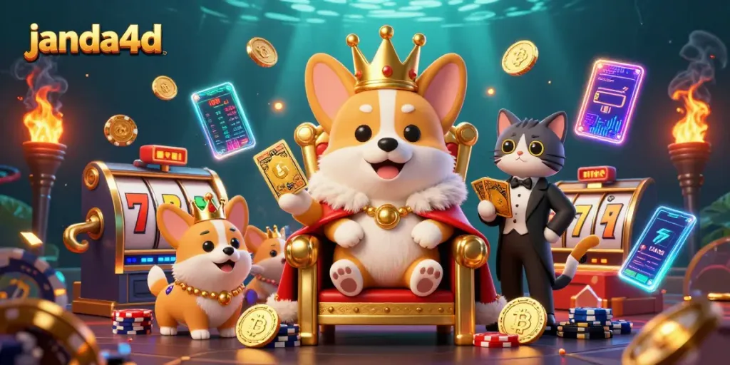 Permainan slot menarik di janda4d dengan simbol keberuntungan dan suasana kasino yang meriah.