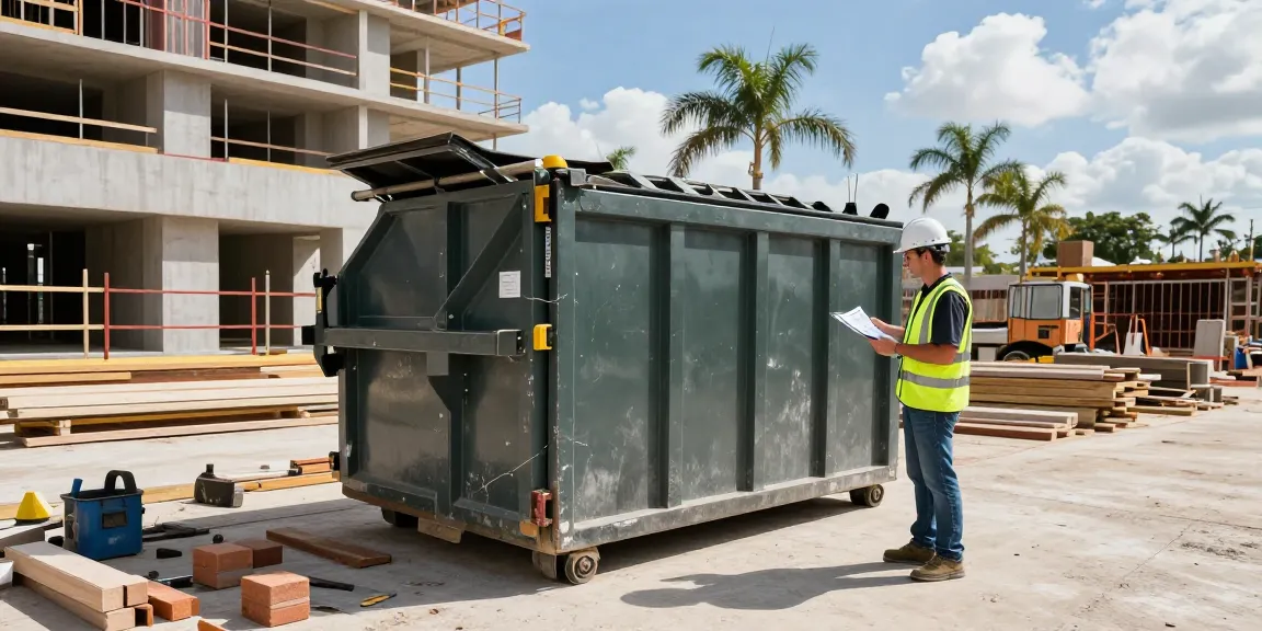 Contractor at construction site using dumpster rental in Miami FL for efficient waste management