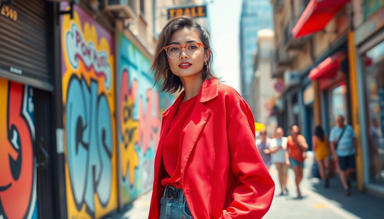 Showcasing trendy outfits reflecting current fashion trends in an urban environment.