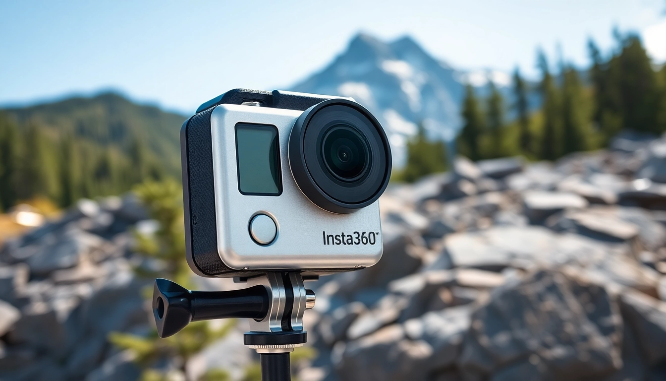 Showcase of the Insta360 X5 camera in a scenic outdoor setting with clear blue skies.